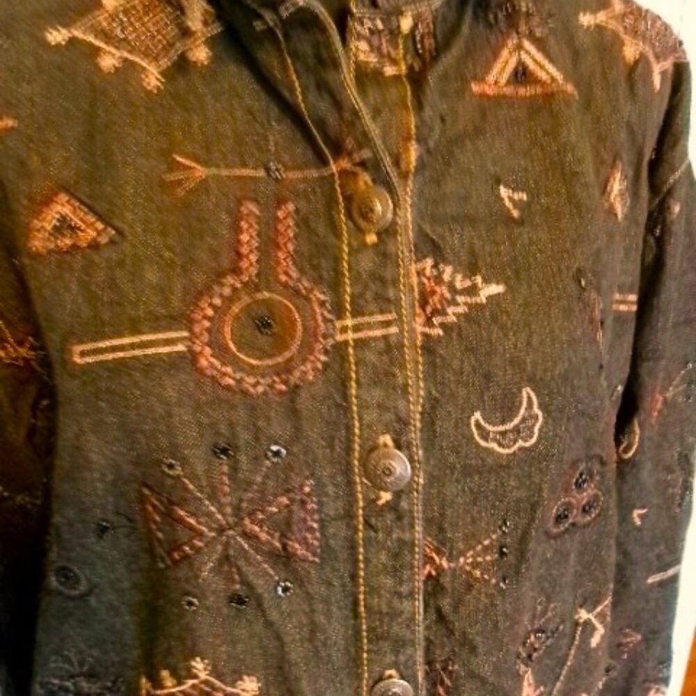 Chico's Dark Denim Tribal Beaded Jacket**Stunning Detail**